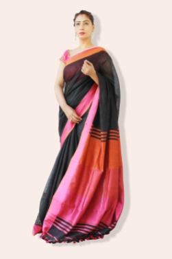 linen sarees buy online-black linen saree with dual tone border