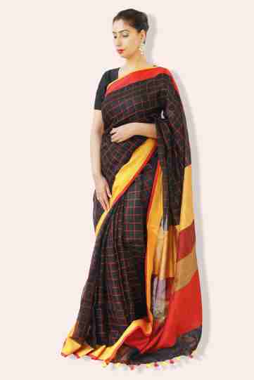 linen sarees online shopping-black check linen saree with dual border (2)